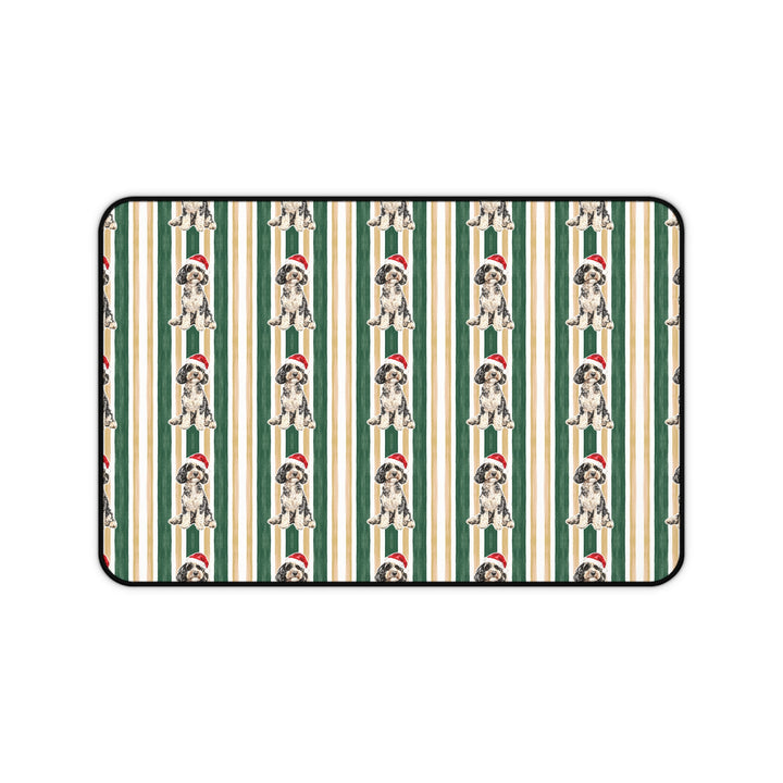 Doodle Christmas Desk Mat, Green Gold Stripes, Santa Dog Desk Pad