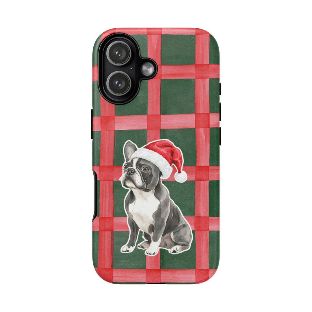French Bulldog Christmas Tough iPhone Case, Red Green Plaid, Santa Dog Phone Cover