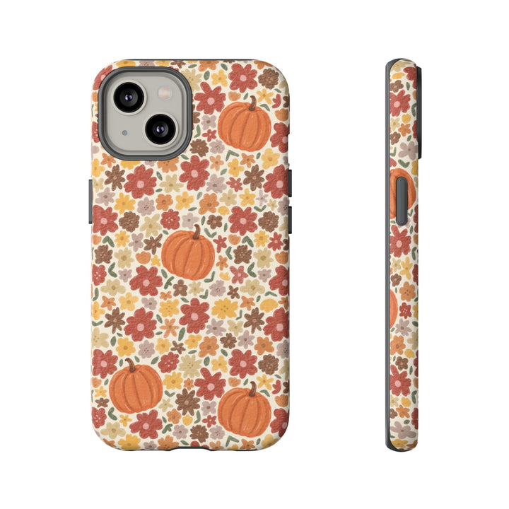 Floral Pumpkin Tough iPhone Case, Warm Autumn Flowers Fall Phone Cover, Matte or Glossy