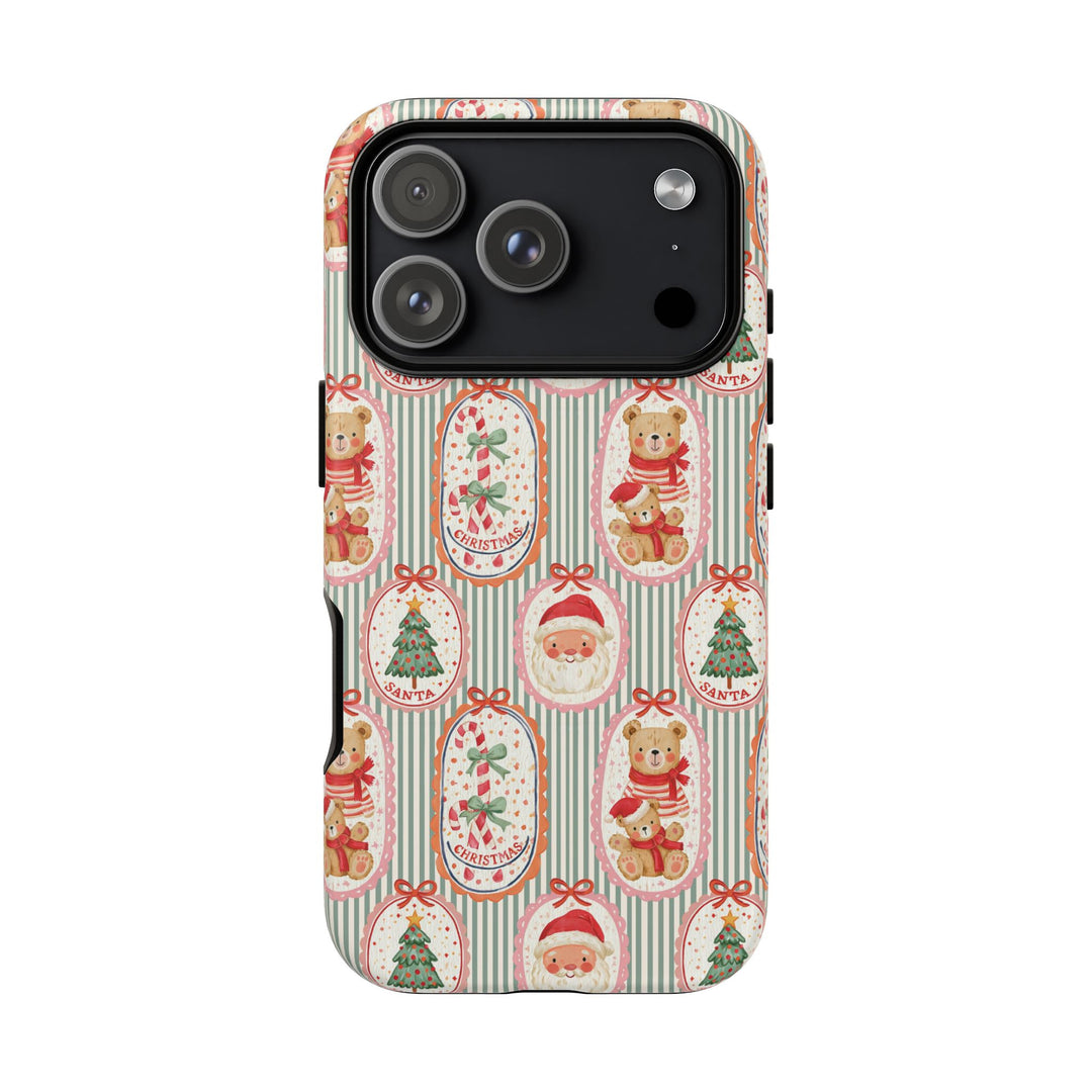 Vintage Santa Teddy Bear Tough iPhone Case, Christmas Candy Cane Green Stripe Phone Cover, Matte or Glossy
