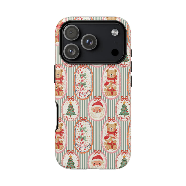Vintage Santa Teddy Bear Tough iPhone Case, Christmas Candy Cane Green Stripe Phone Cover, Matte or Glossy