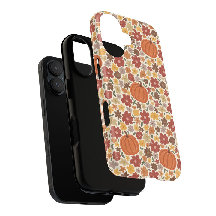 Floral Pumpkin Tough iPhone Case, Warm Autumn Flowers Fall Phone Cover, Matte or Glossy
