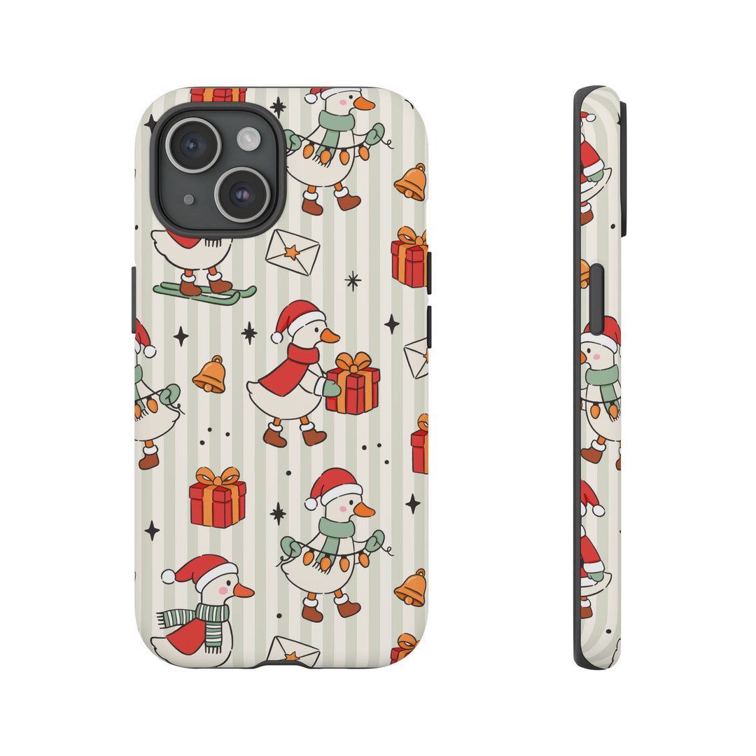 Christmas Goose Tough iPhone Case, Cute Holiday Geese Green Stripe Phone Cover, Matte or Glossy