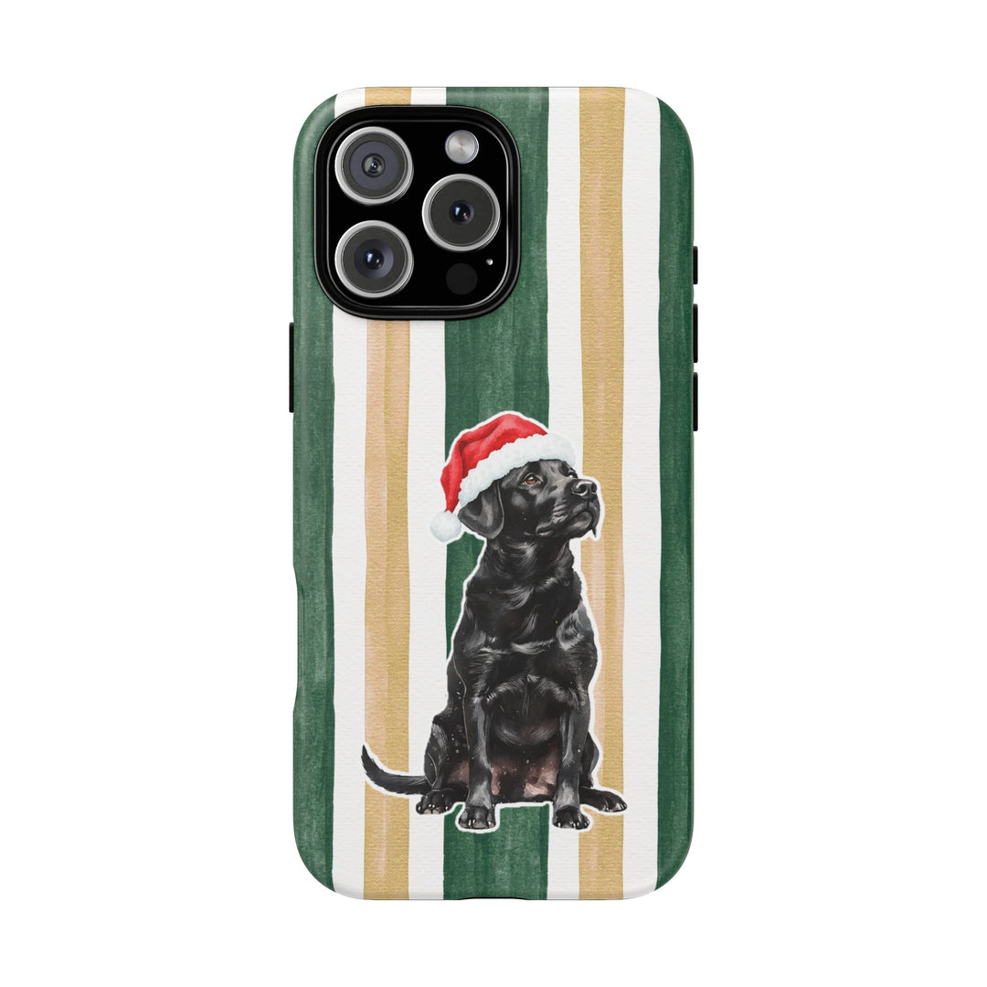Black Labrador Christmas Tough iPhone Case, Green Gold Stripes, Santa Dog Phone Cover