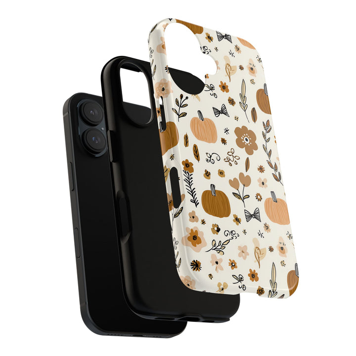 Pumpkin Floral Tough iPhone Case, Autumn Bows Phone Cover, Cream Fall Botanical Case, Matte or Glossy
