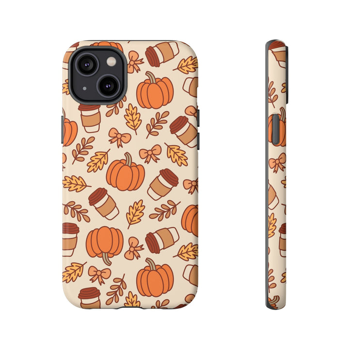 Pumpkin Coffee Tough iPhone Case, Fall Leaves and Bows Autumn Phone Cover, Matte or Glossy