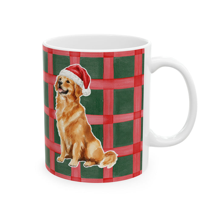 Golden Retriever Christmas Mug, Red Green Plaid, 11oz White Ceramic
