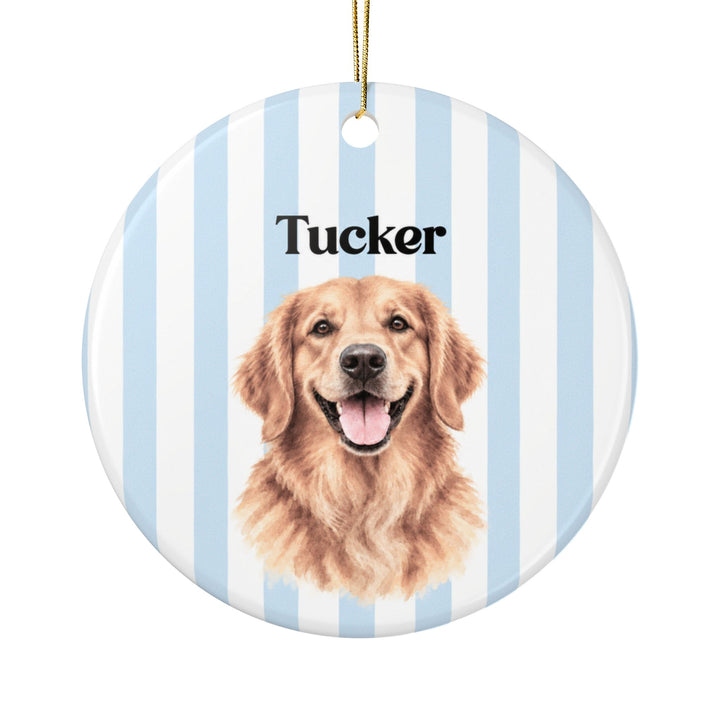Custom Watercolor Pet Ornament, Blue White Stripes, Personalized Dog Photo and Name Ceramic Christmas Keepsake, Golden Retriever