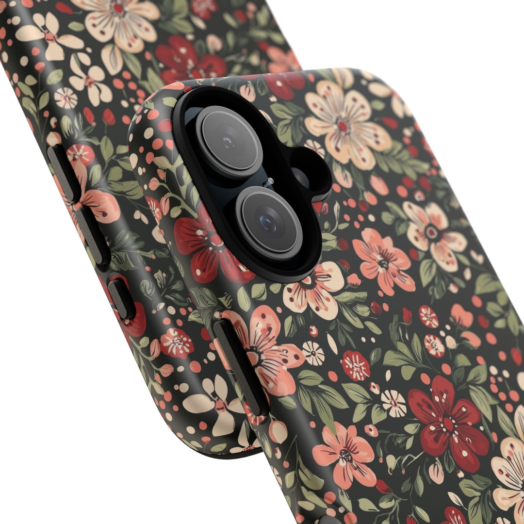 Retro Christmas Floral Tough iPhone Case, Dark Botanical Pink Red Flower Phone Cover, Matte or Glossy
