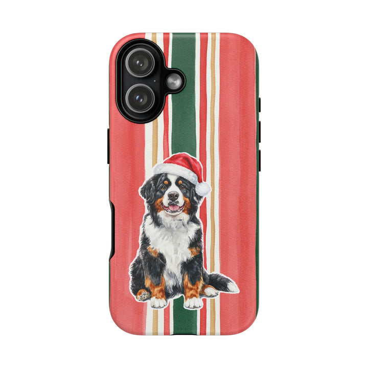 Bernese Mountain Dog Christmas Tough iPhone Case, Classic Red Green Stripes, Santa Dog Phone Cover
