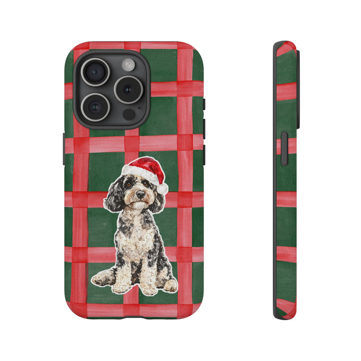Doodle Christmas Tough iPhone Case, Red Green Plaid, Santa Dog Phone Cover