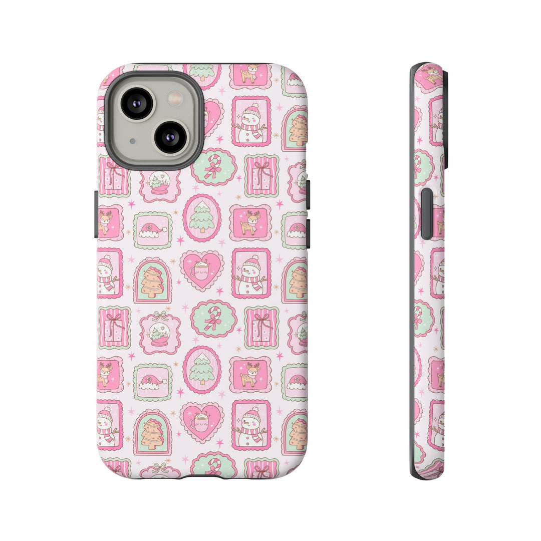 Pink Christmas Frames Tough iPhone Case, Pastel Snowman Reindeer Holiday Phone Cover, Matte or Glossy