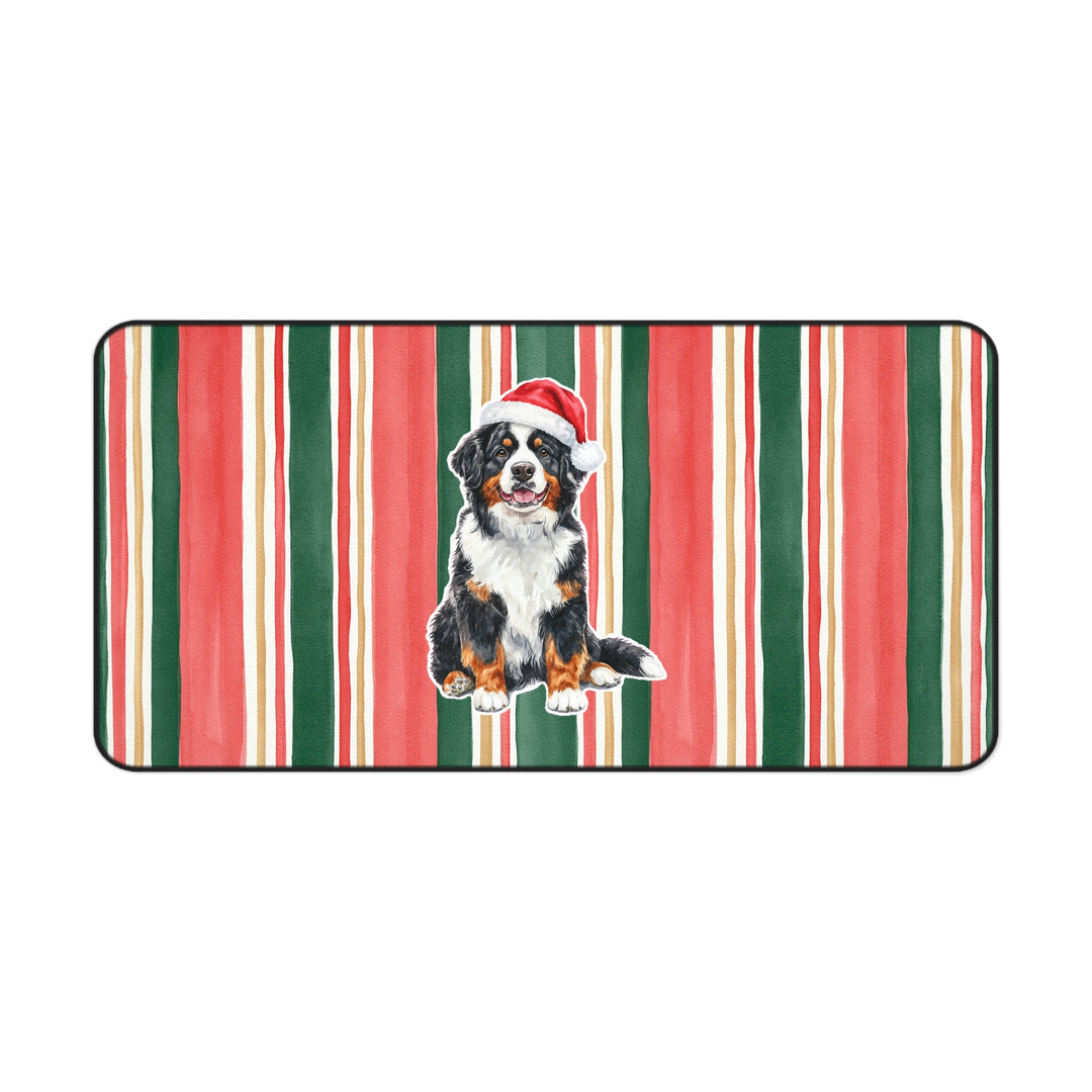 Bernese Mountain Dog Christmas Desk Mat, Centered Santa Dog, Classic Red Green Stripes