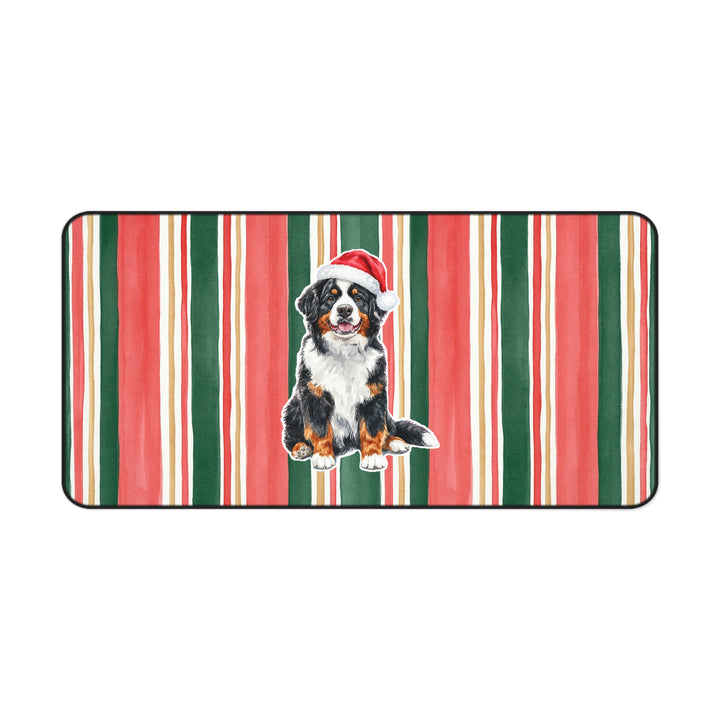 Bernese Mountain Dog Christmas Desk Mat, Centered Santa Dog, Classic Red Green Stripes