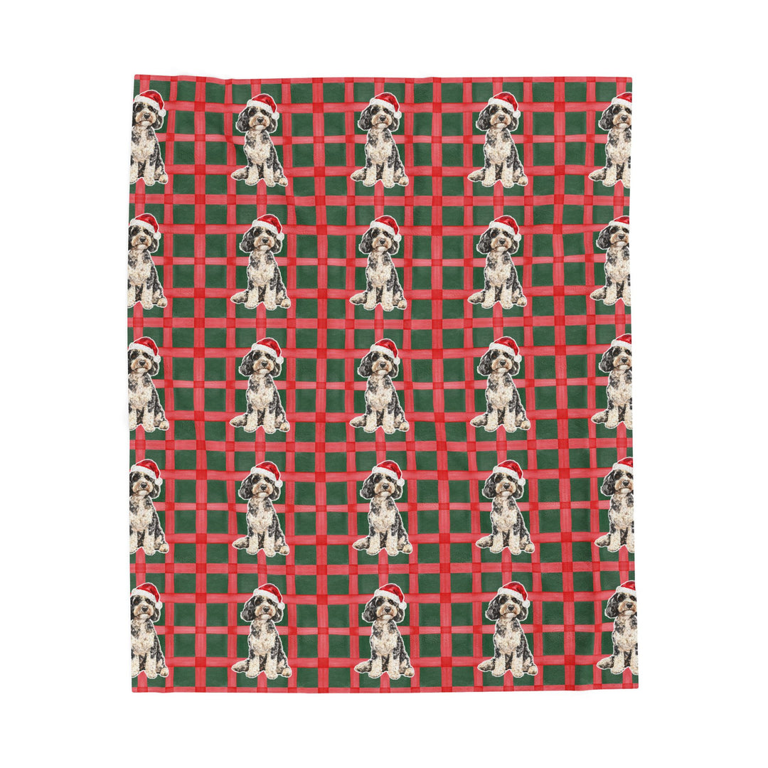 Doodle Christmas Velveteen Plush Blanket, Red Green Plaid, Santa Dog Throw