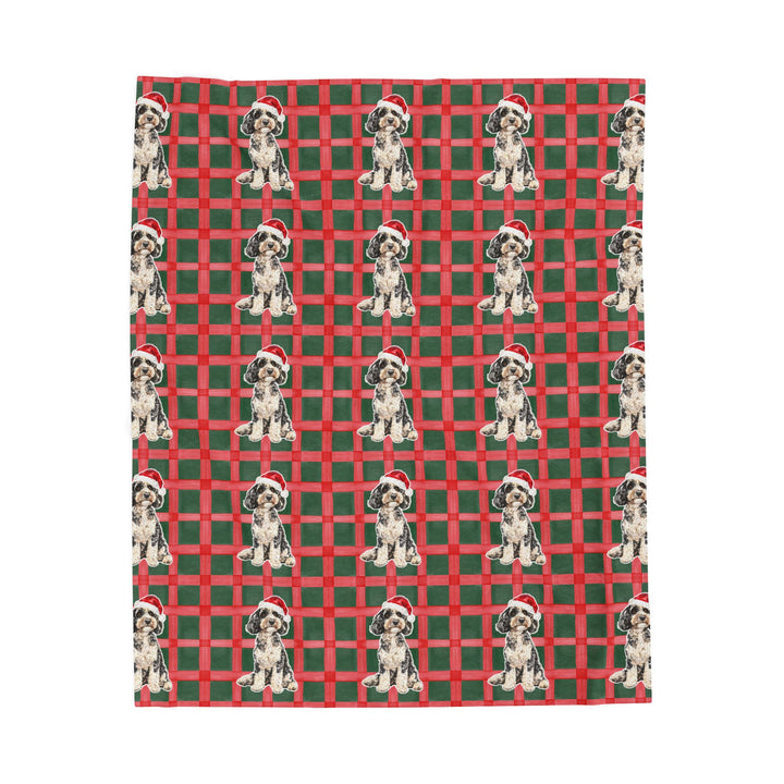 Doodle Christmas Velveteen Plush Blanket, Red Green Plaid, Santa Dog Throw