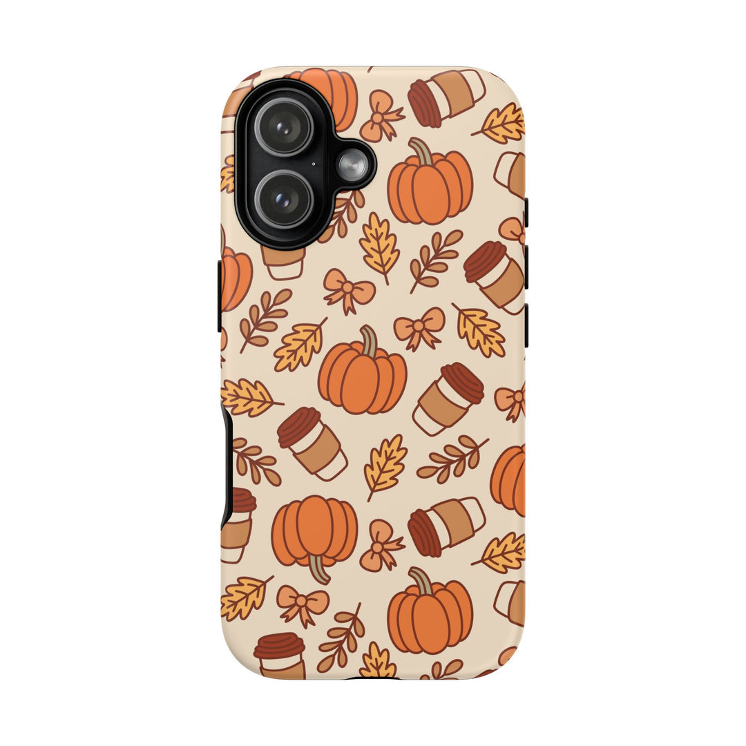 Pumpkin Coffee Tough iPhone Case, Fall Leaves and Bows Autumn Phone Cover, Matte or Glossy