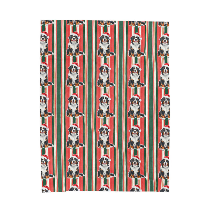 Bernese Mountain Dog Christmas Velveteen Plush Blanket, Classic Red Green Stripes, Santa Dog Throw