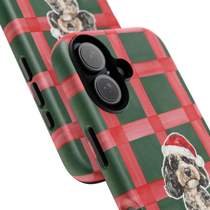 Doodle Christmas Tough iPhone Case, Red Green Plaid, Santa Dog Phone Cover