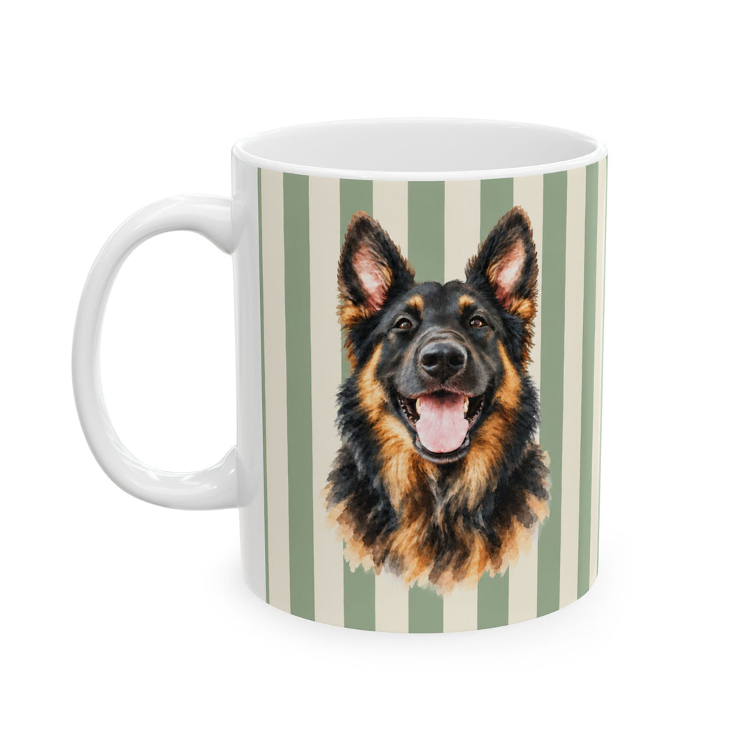 Custom Watercolor Pet Mug, Sage Green Cream Stripes, Personalized Dog Photo Coffee Cup, 11oz