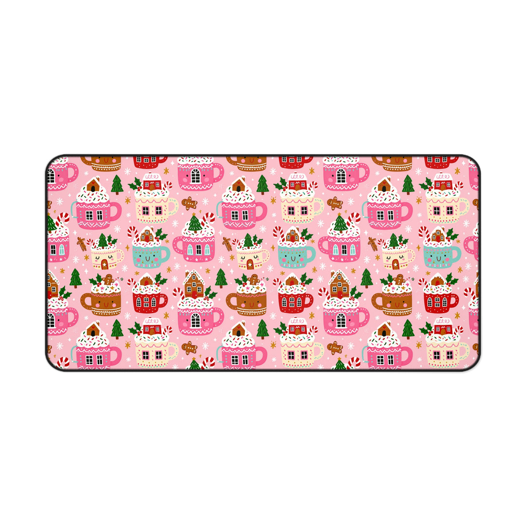 Pink Christmas Cocoa Desk Mat, Gingerbread Mug Desk Pad, Cute Holiday Large Mouse Pad