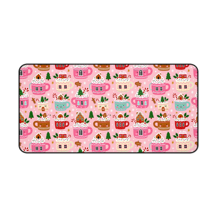 Pink Christmas Cocoa Desk Mat, Gingerbread Mug Desk Pad, Cute Holiday Large Mouse Pad