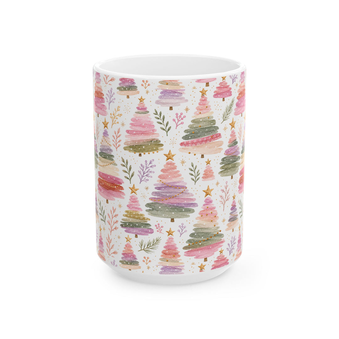 Pastel Christmas Tree Ceramic Mug, Pink Sage Watercolor Holiday Coffee Cup, Cozy Gift, 11oz and 15oz