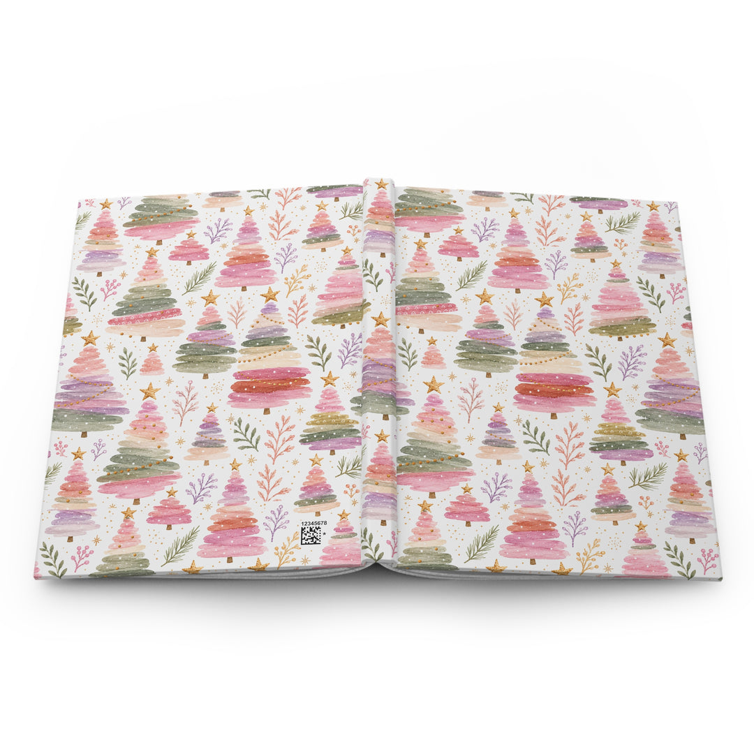Pastel Watercolor Christmas Tree Hardcover Notebook, Pink Sage Lined Journal, Cute Holiday Stationery Gift