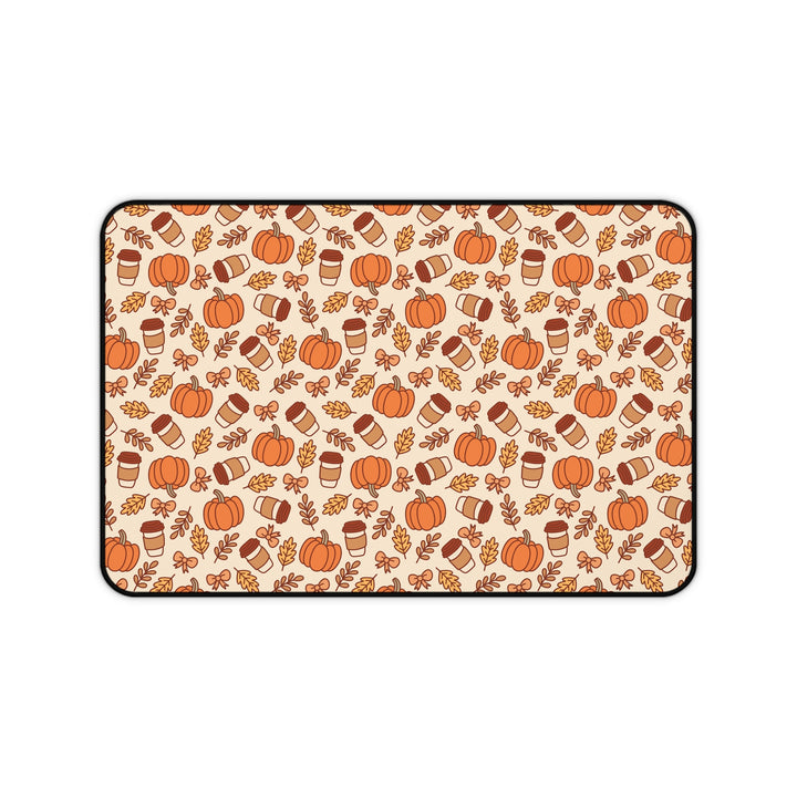 Fall Pumpkin Coffee Desk Mat, Autumn Leaves and Bows Desk Pad, Cozy Large Mouse Pad