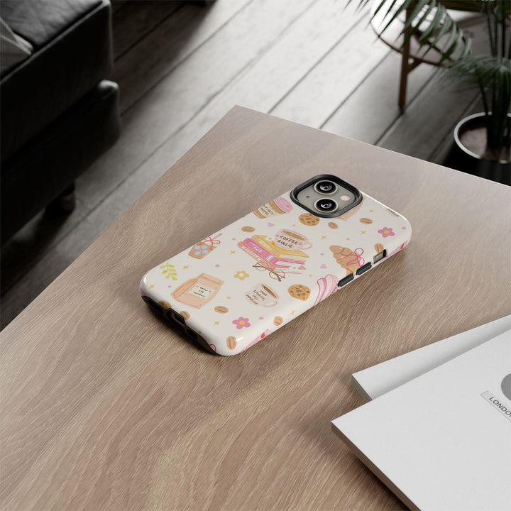 Coffee and Books Tough iPhone Case, Pastel Pink Bookish Phone Cover, Matte or Glossy