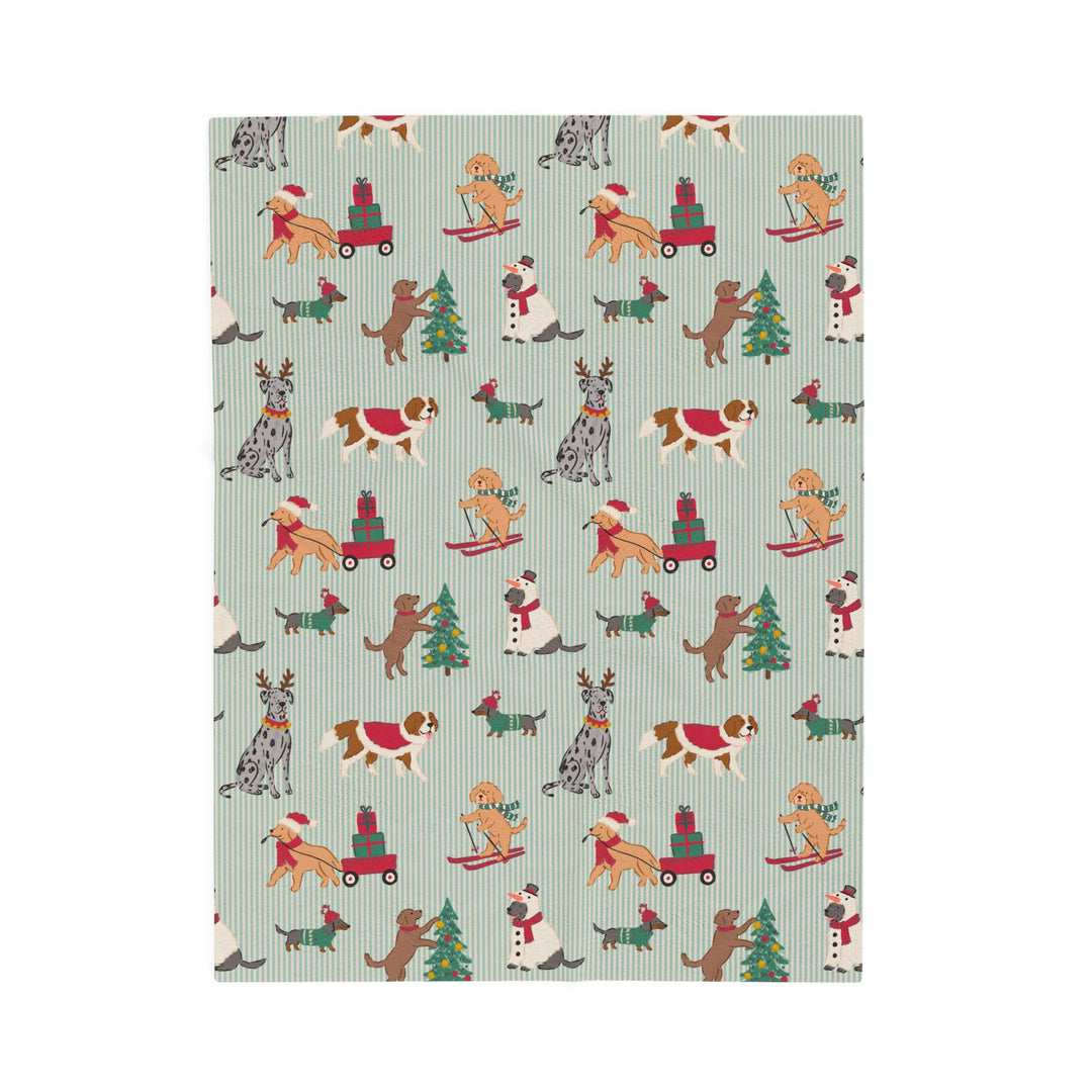 Christmas Dogs Velveteen Plush Blanket, Green Stripe Holiday Throw, Cozy Dog Lover Gift