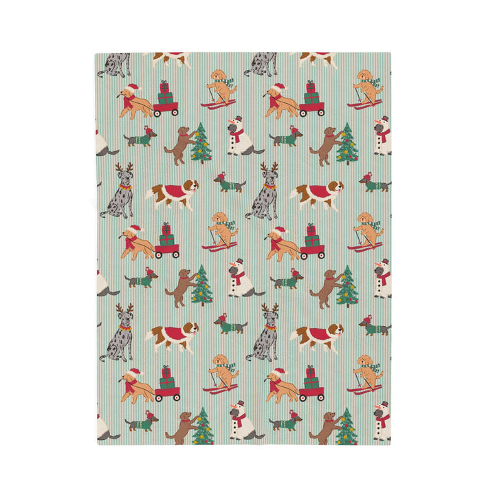 Christmas Dogs Velveteen Plush Blanket, Green Stripe Holiday Throw, Cozy Dog Lover Gift