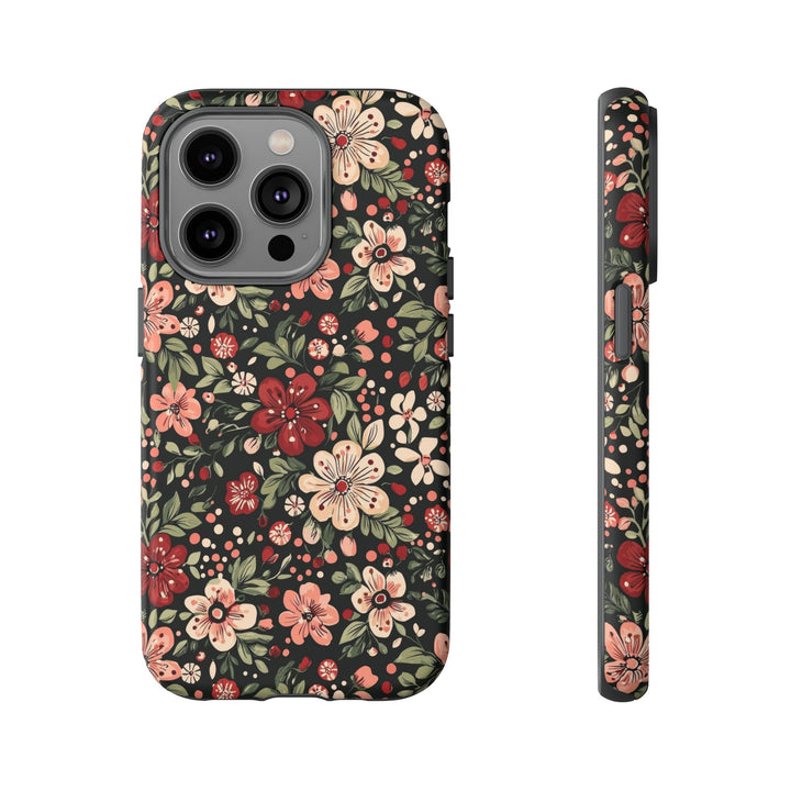 Retro Christmas Floral Tough iPhone Case, Dark Botanical Pink Red Flower Phone Cover, Matte or Glossy