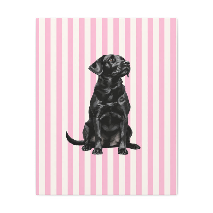 Black Lab Canvas Wall Art, Pink Stripe Labrador Stretched Canvas, Lab Mom Gift