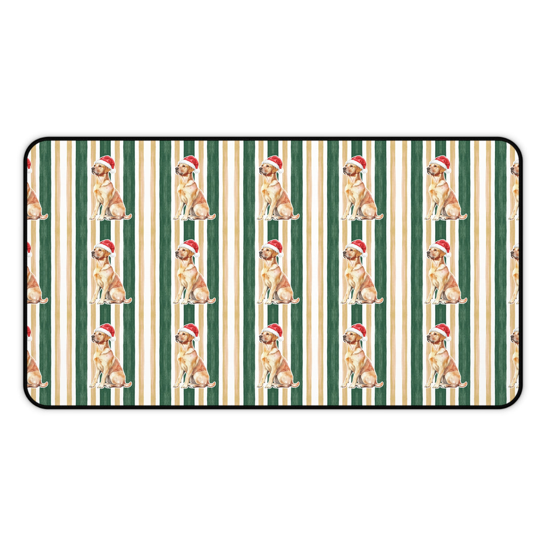 Yellow Labrador Christmas Desk Mat, Green Gold Stripes, Santa Dog Desk Pad
