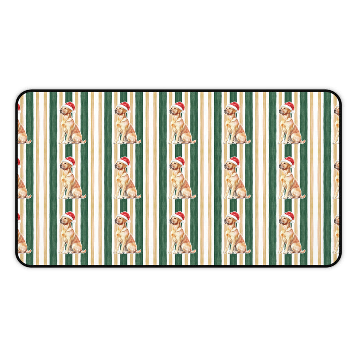 Yellow Labrador Christmas Desk Mat, Green Gold Stripes, Santa Dog Desk Pad