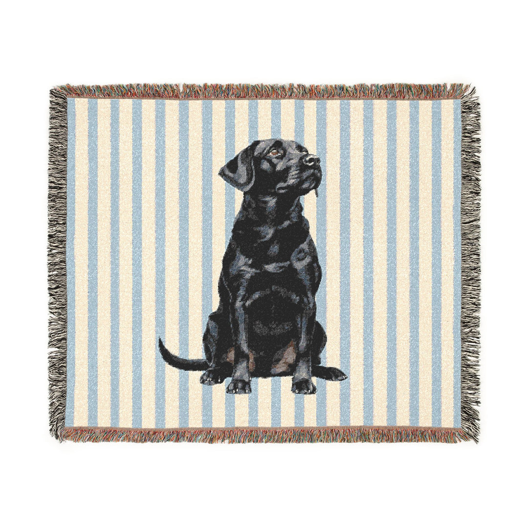 Black Lab Woven Blanket, Blue Stripe Cotton Throw, Labrador Mom Gift, 60 x 50