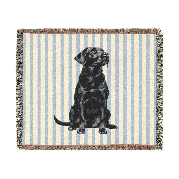Black Lab Woven Blanket, Blue Stripe Cotton Throw, Labrador Mom Gift, 60 x 50