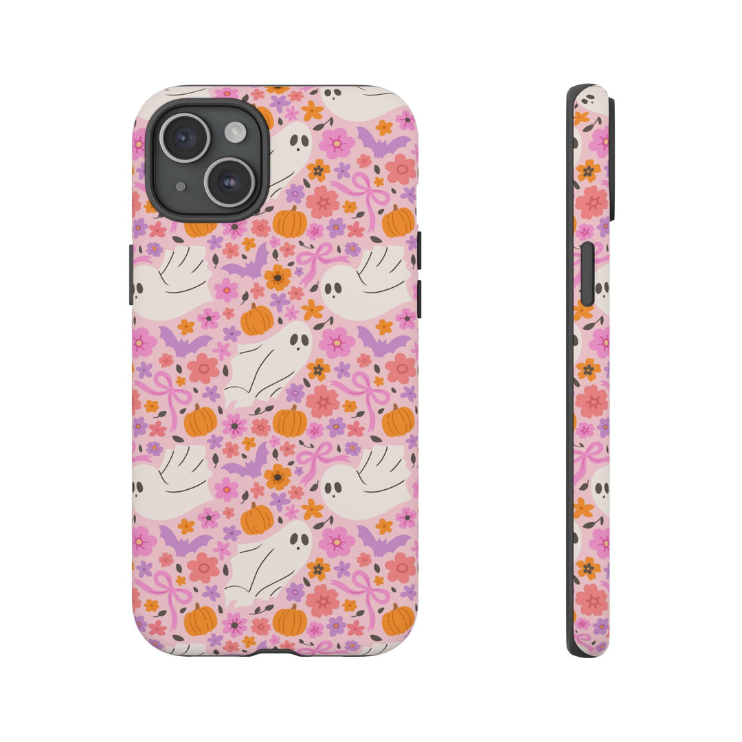 Pink Floral Ghost Tough iPhone Case, Cute Halloween Pumpkin Bat Phone Cover, Matte or Glossy