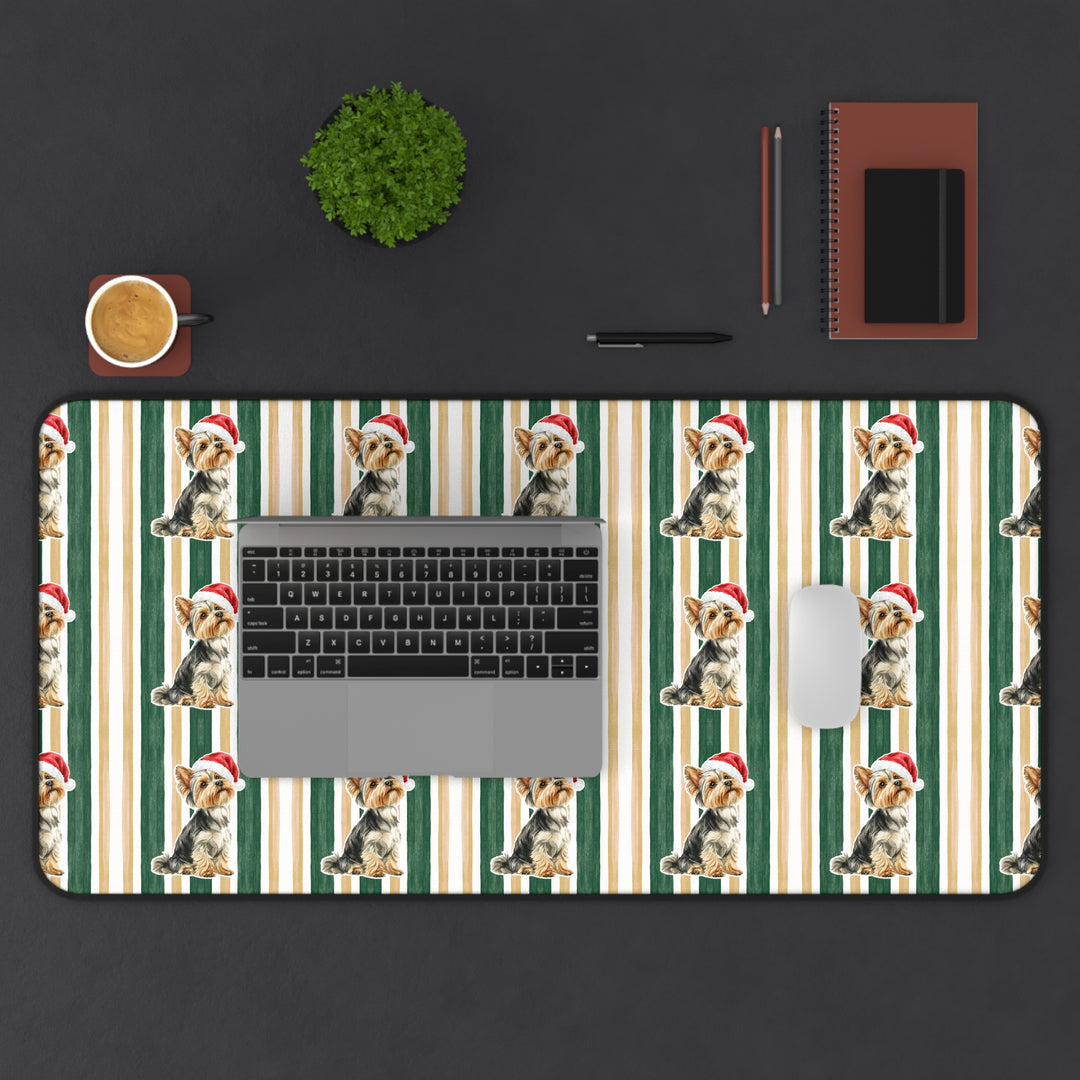 Yorkshire Terrier Christmas Desk Mat, Green Gold Stripes, Santa Dog Desk Pad