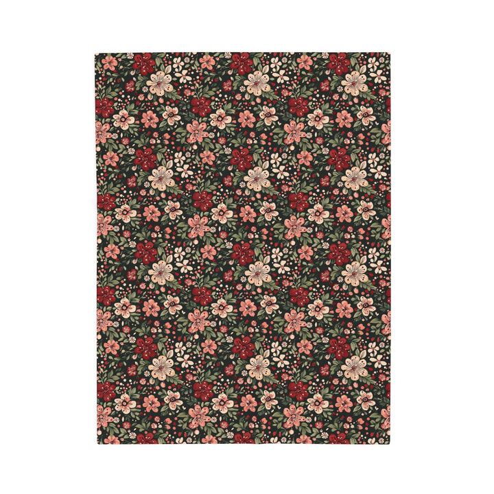 Retro Floral Velveteen Plush Blanket, Red Pink Flower Holiday Throw, Dark Botanical Christmas Gift