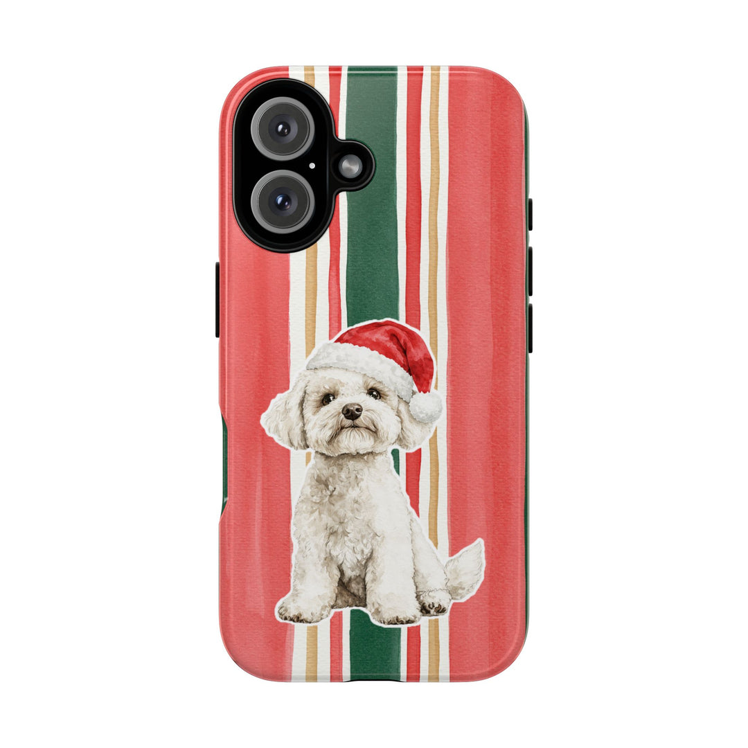 Maltese Christmas Tough iPhone Case, Classic Red Green Stripes, Santa Dog Phone Cover