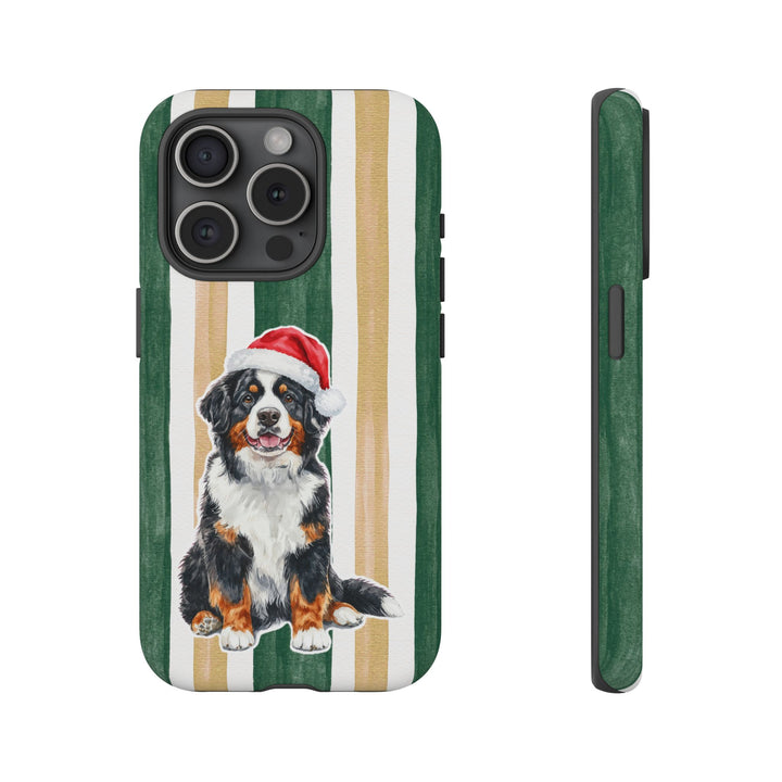 Bernese Mountain Dog Christmas Tough iPhone Case, Green Gold Stripes, Santa Dog Phone Cover