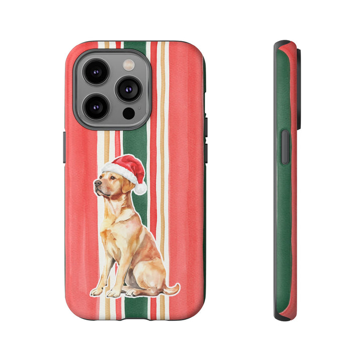 Yellow Labrador Christmas Tough iPhone Case, Classic Red Green Stripes, Santa Dog Phone Cover