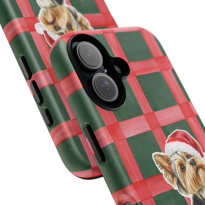 Yorkshire Terrier Christmas Tough iPhone Case, Red Green Plaid, Santa Dog Phone Cover