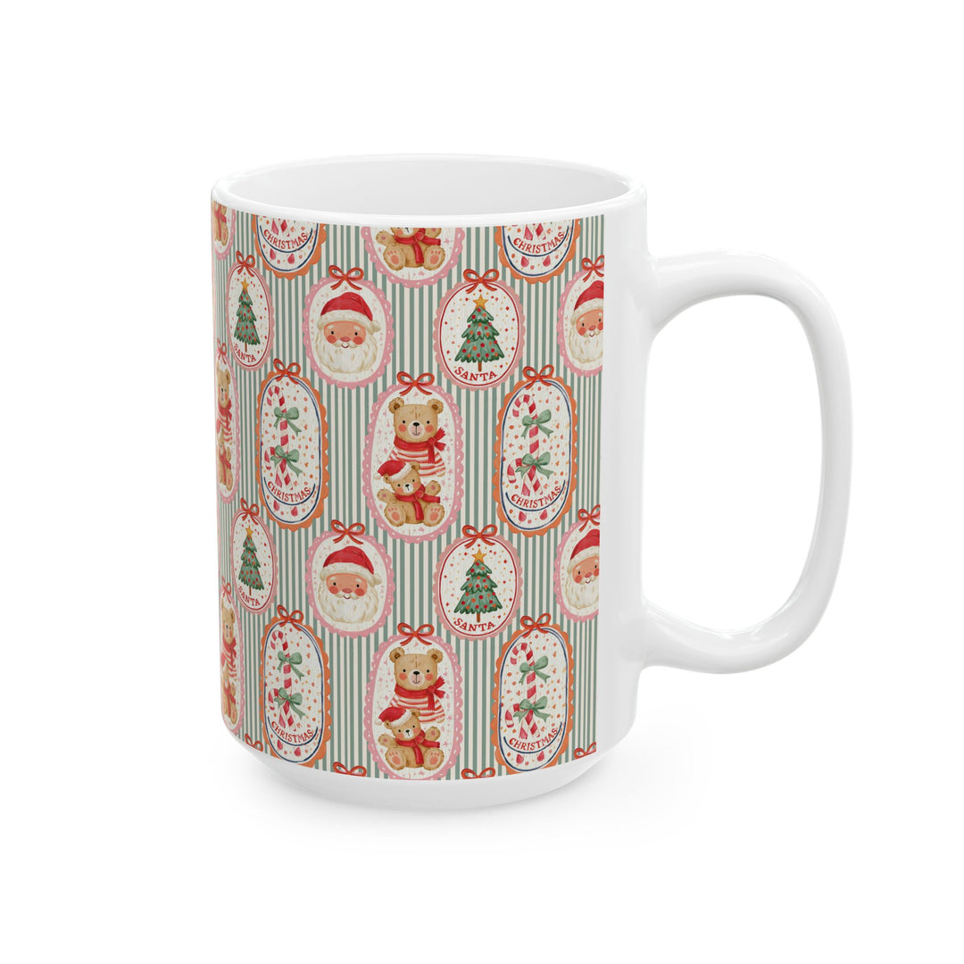Santa Teddy Bear Ceramic Mug, Vintage Christmas Coffee Cup, Candy Cane Holiday Gift, 11oz and 15oz
