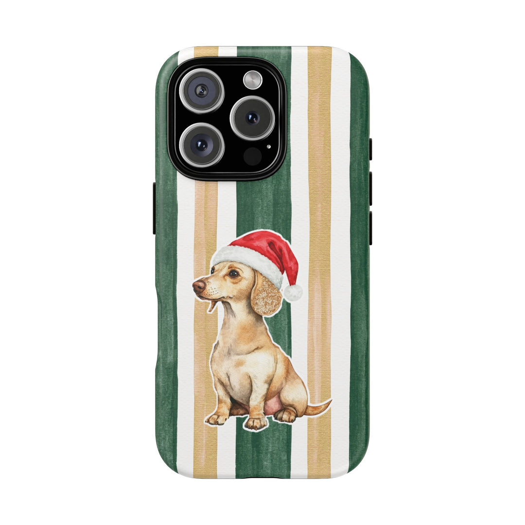 Dachshund Christmas Tough iPhone Case, Green Gold Stripes, Santa Dog Phone Cover