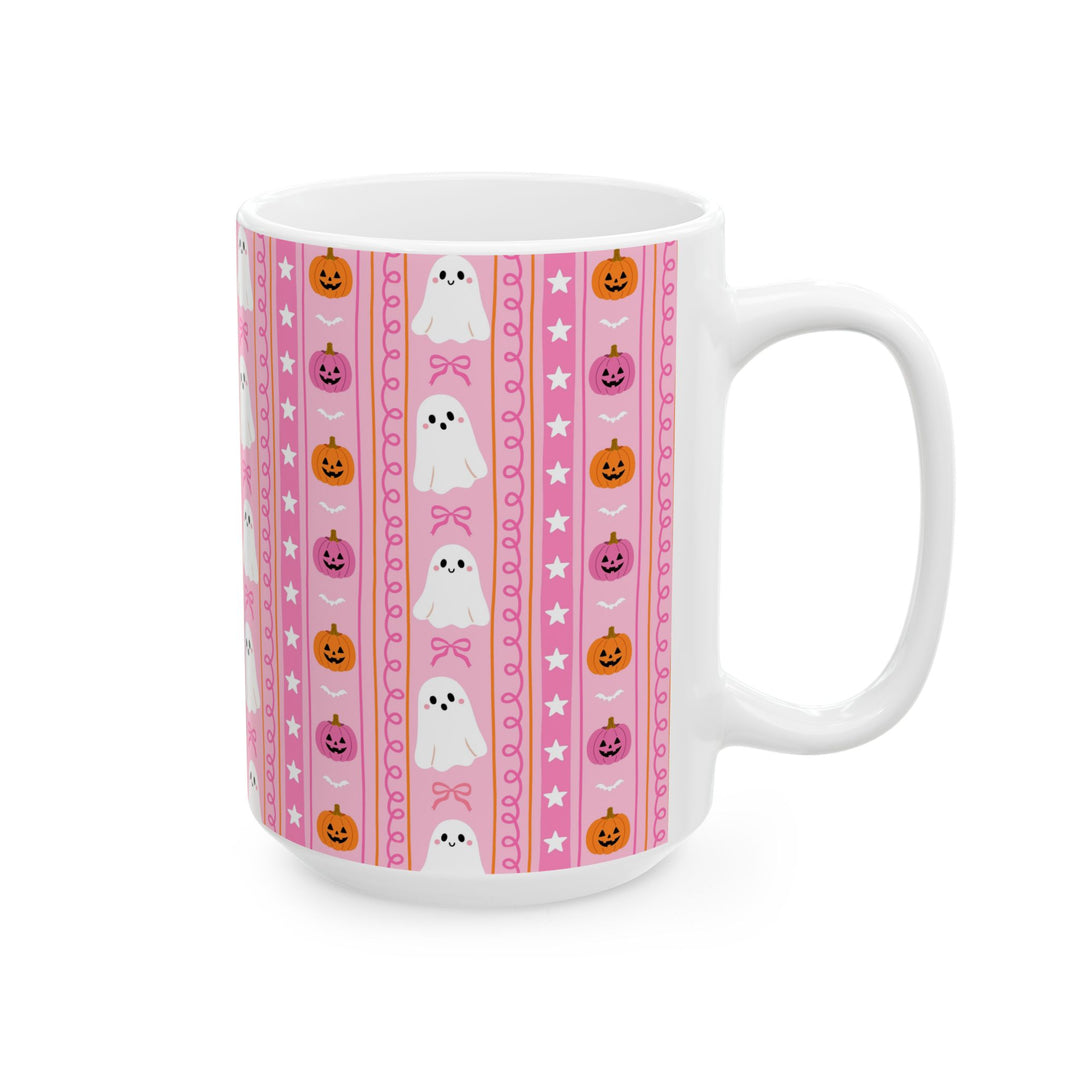 Pink Halloween Ghost Stripe Ceramic Mug, Cute Pumpkin Bow Coffee Cup, Pastel Spooky Gift, 11oz and 15oz