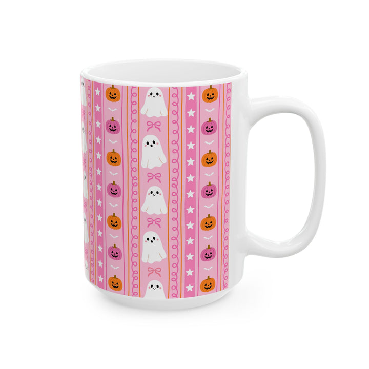 Pink Halloween Ghost Stripe Ceramic Mug, Cute Pumpkin Bow Coffee Cup, Pastel Spooky Gift, 11oz and 15oz