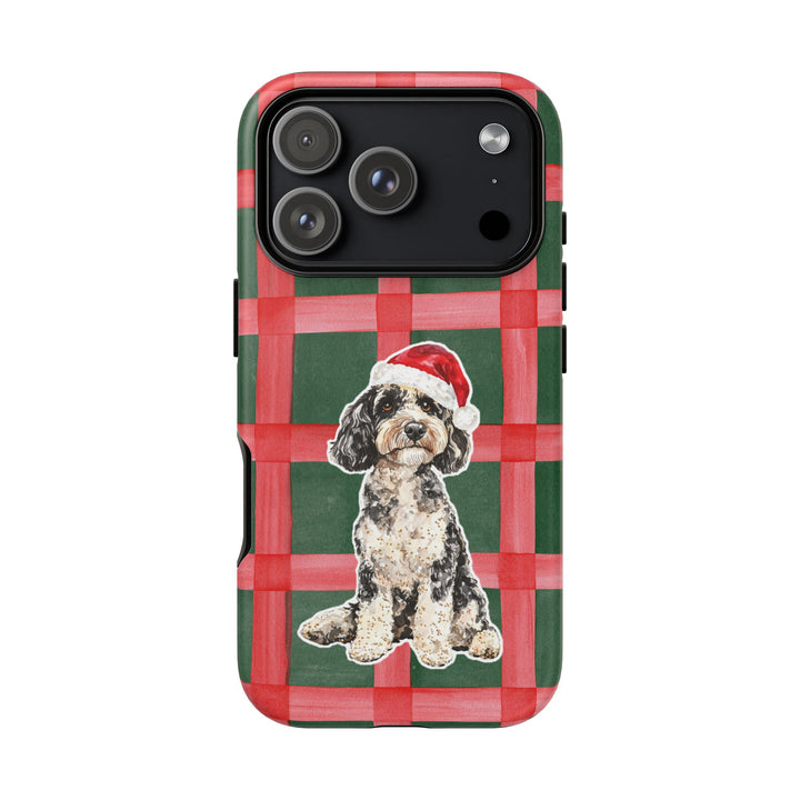 Doodle Christmas Tough iPhone Case, Red Green Plaid, Santa Dog Phone Cover